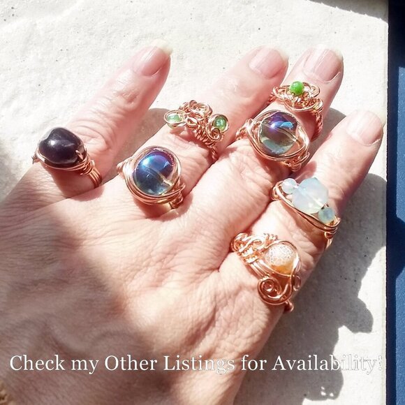 Honey + Tan Frosted Dragonvein Agate + Copper Wire Wrap Ring - Generous Size 9 - Picture 5 of 9